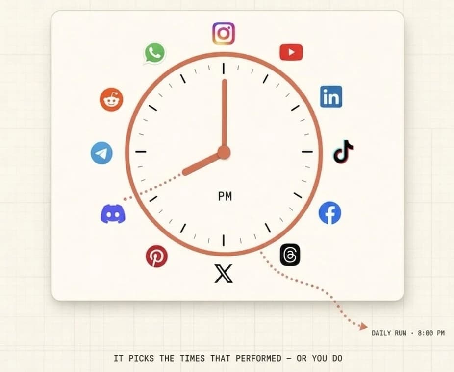 A clock ringed by the logos of thirteen social networks, with a dotted line marking a daily run at 8pm. Caption: it picks the times that performed — or you do.
