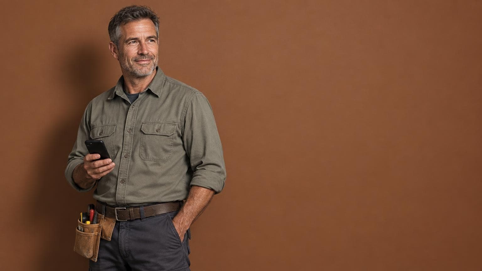 A tradesman with his tool belt, quotes answered while he works