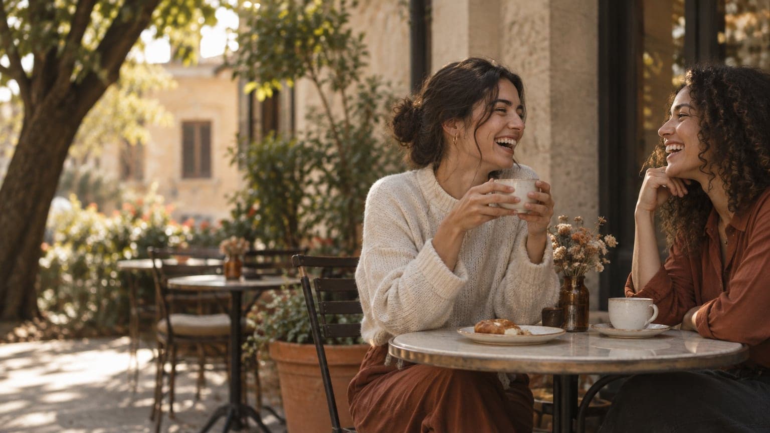 Deux amis rient autour d’un café en terrasse, les téléphones rangés
