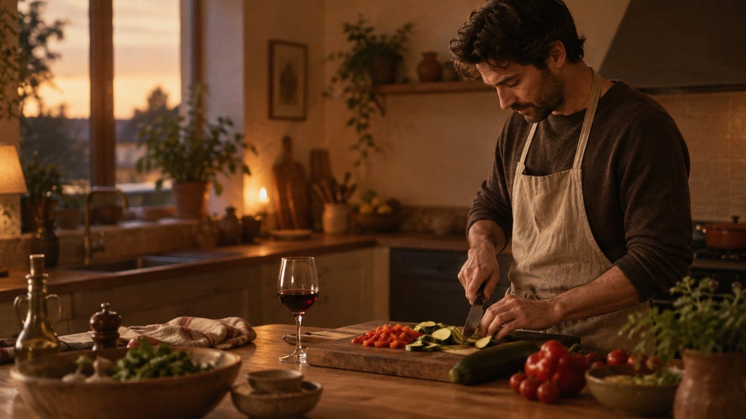 Un hombre prepara la cena en una cocina cálida, cortando verduras con calma y sin prisa