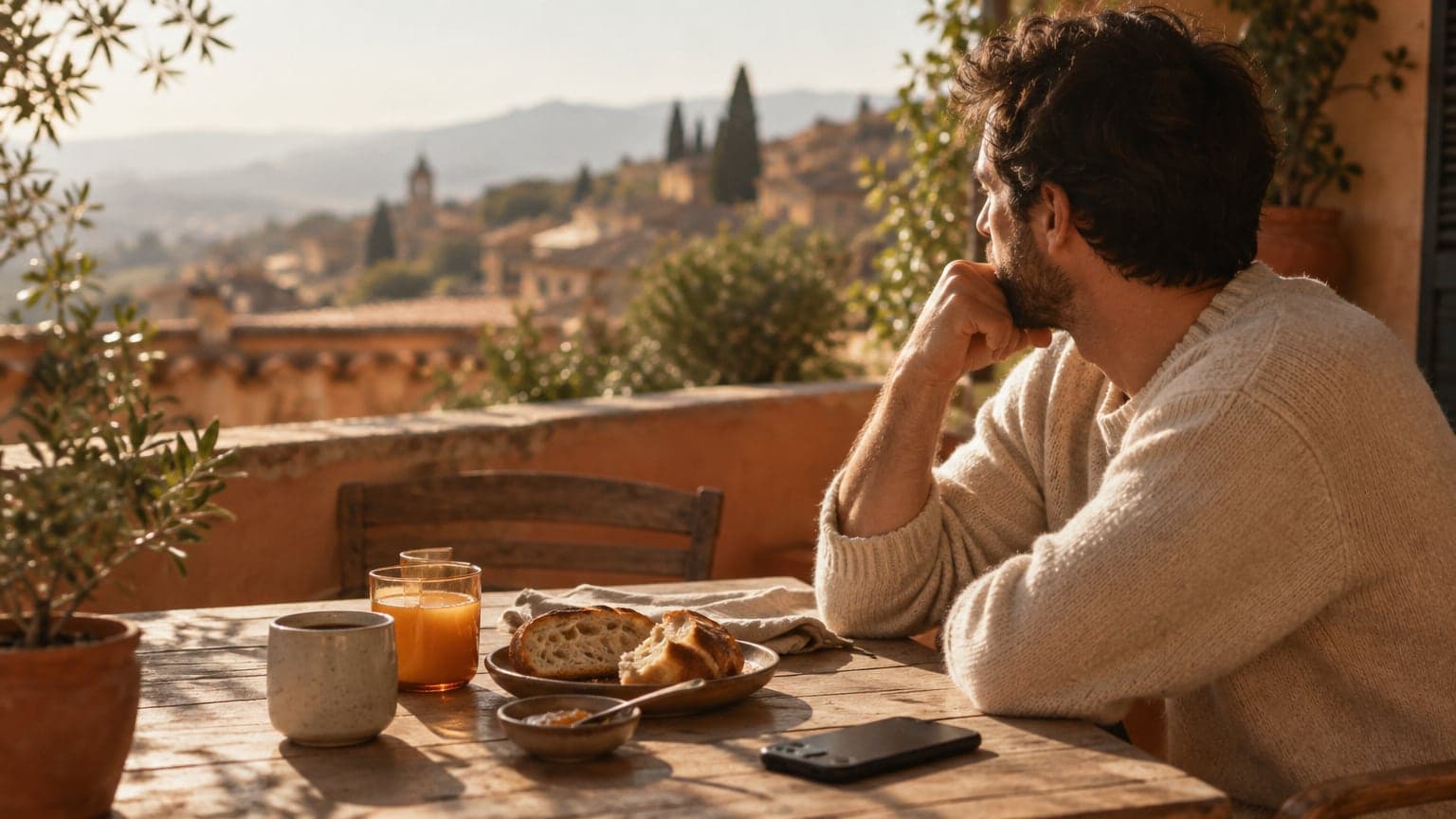 A man having breakfast on a sunlit terrace looking out over the town, his phone face down on the table