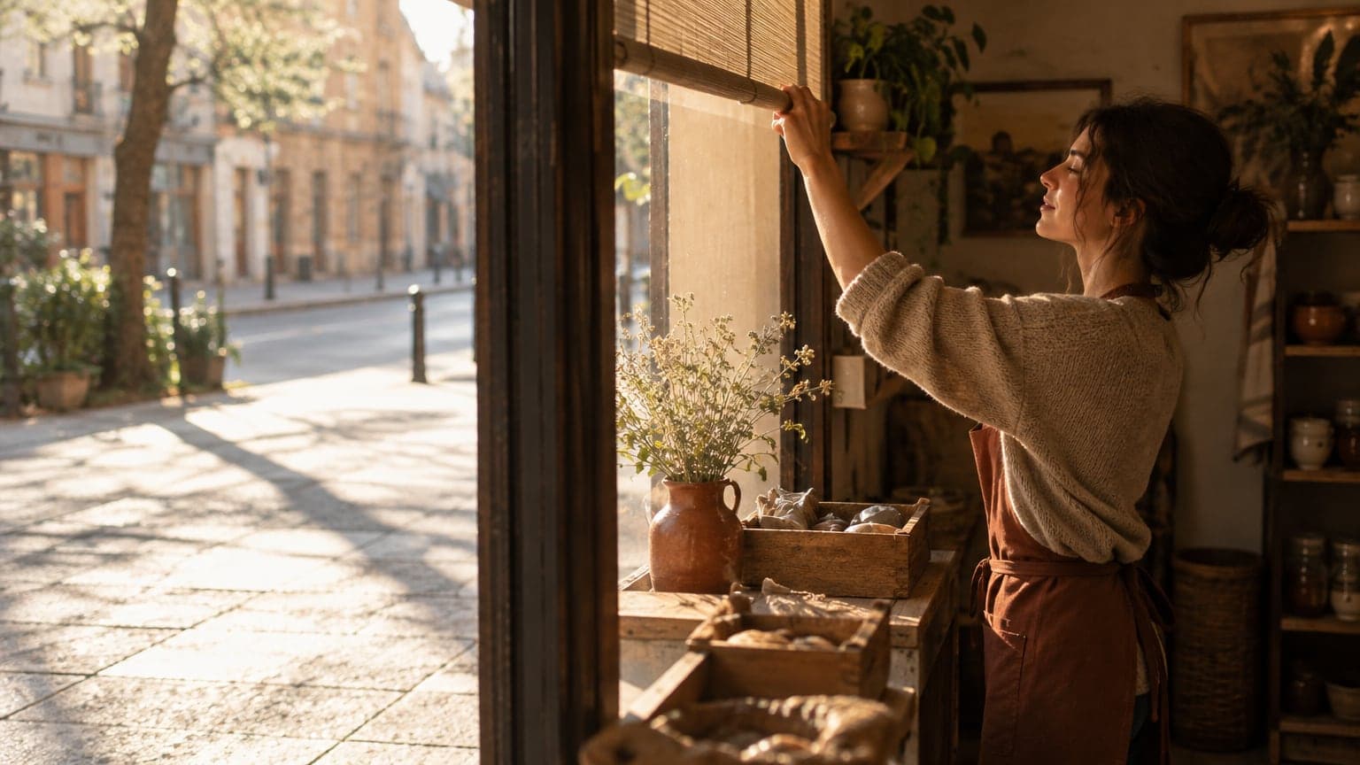 La dueña de una tienda abre por la mañana, sube la persiana y deja entrar el sol