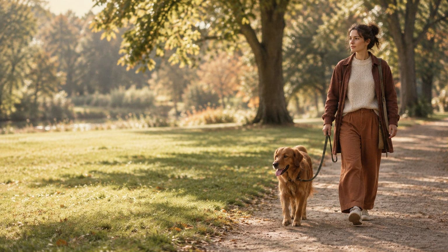 A woman walking her dog through a park in the afternoon, lead loose, in no rush