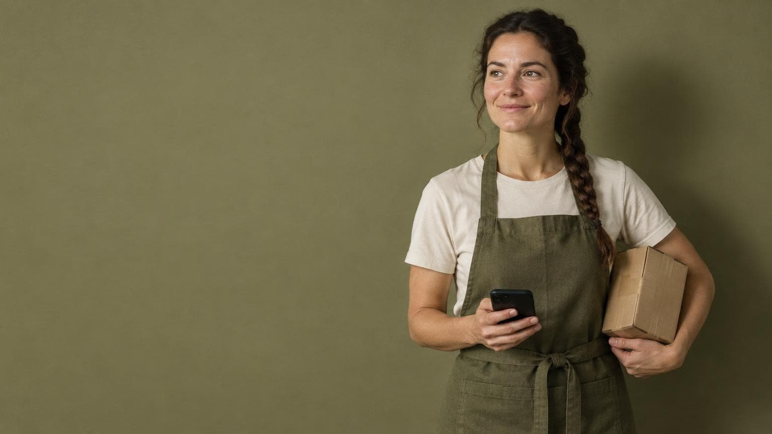An online shop owner with a parcel under her arm and her orders answered