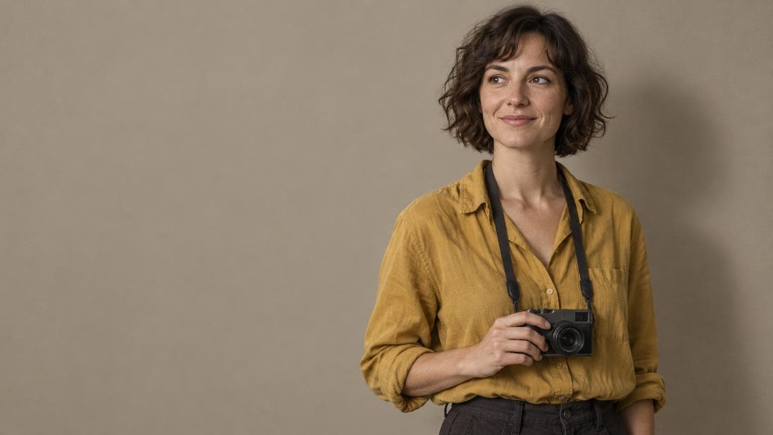 A photographer with her camera, enquiries answered while she shoots