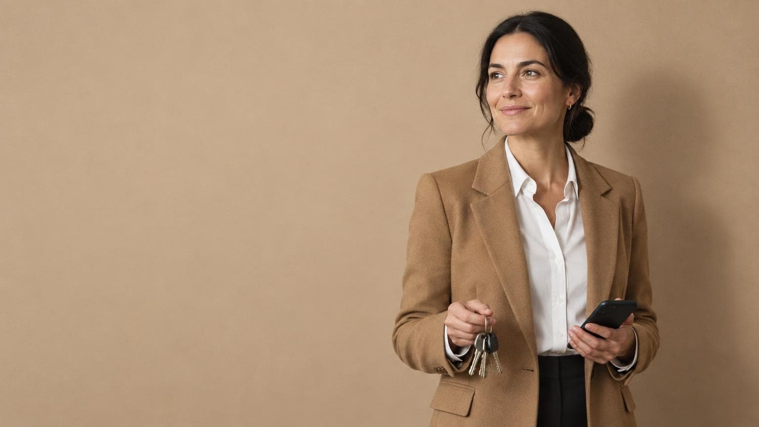An estate agent with keys in hand and her enquiries already answered