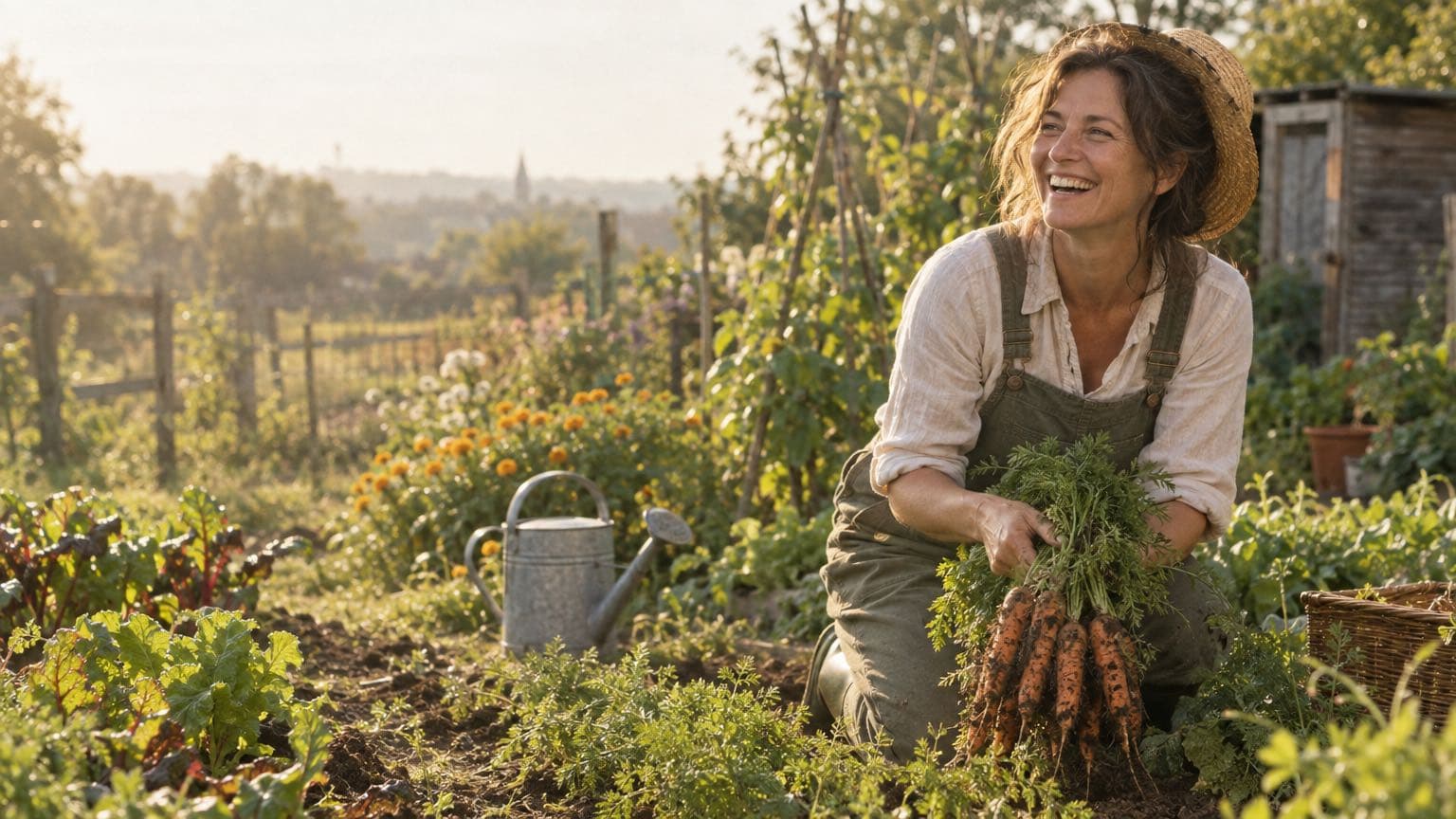 A woman laughing in her allotment in the morning sun, a bunch of carrots just pulled from the ground
