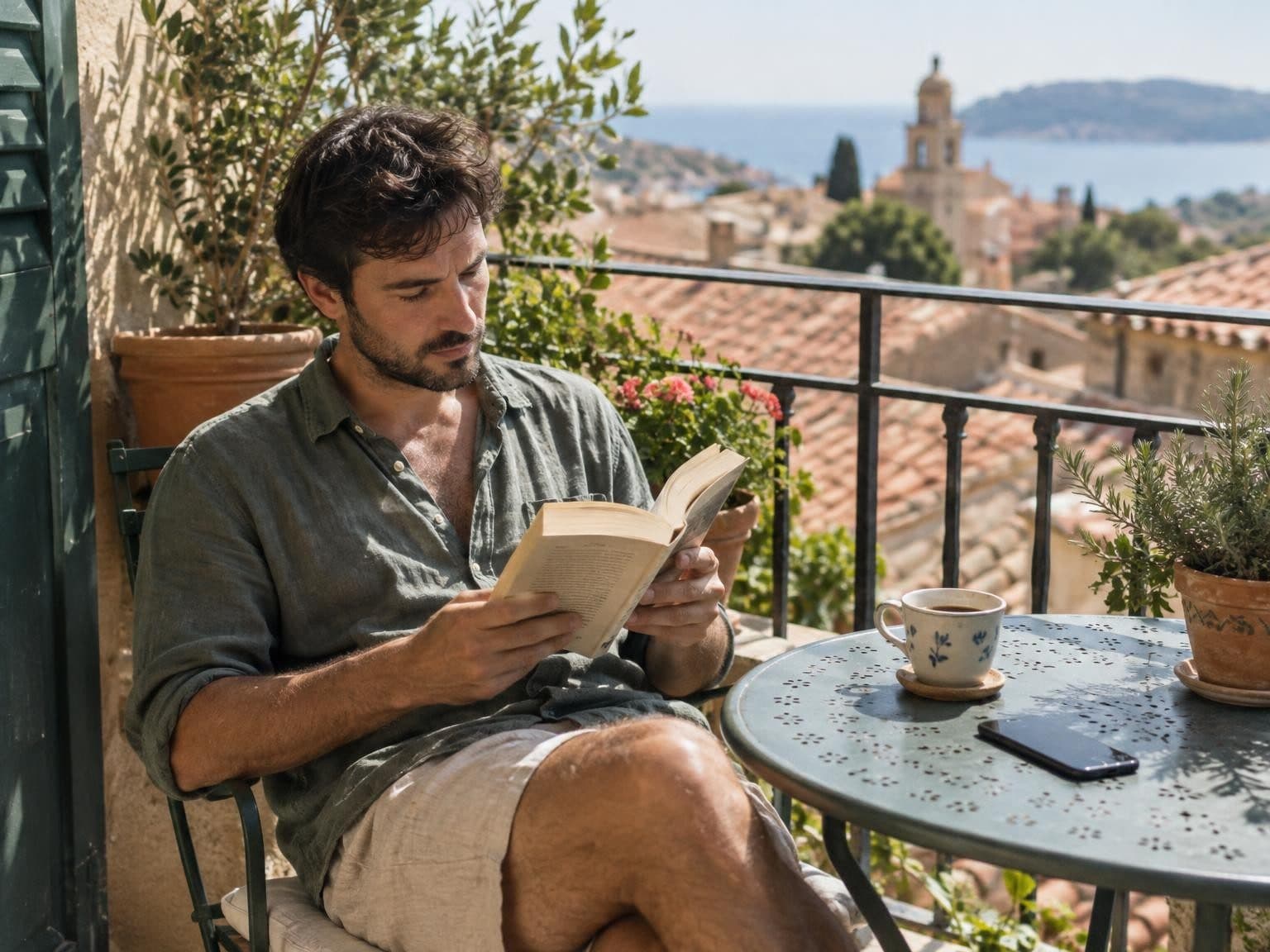 A man reading on a sunny balcony with a coffee, phone face down on the table