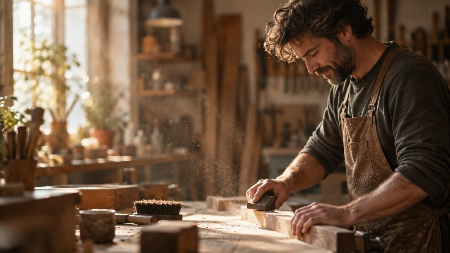 A man sanding a piece of wood by hand at his workbench, dust in the light, absorbed in it
