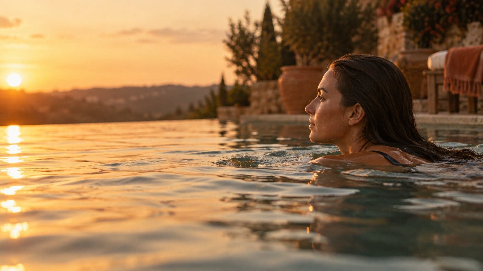 A woman swimming in an outdoor pool at sunset, the water still around her