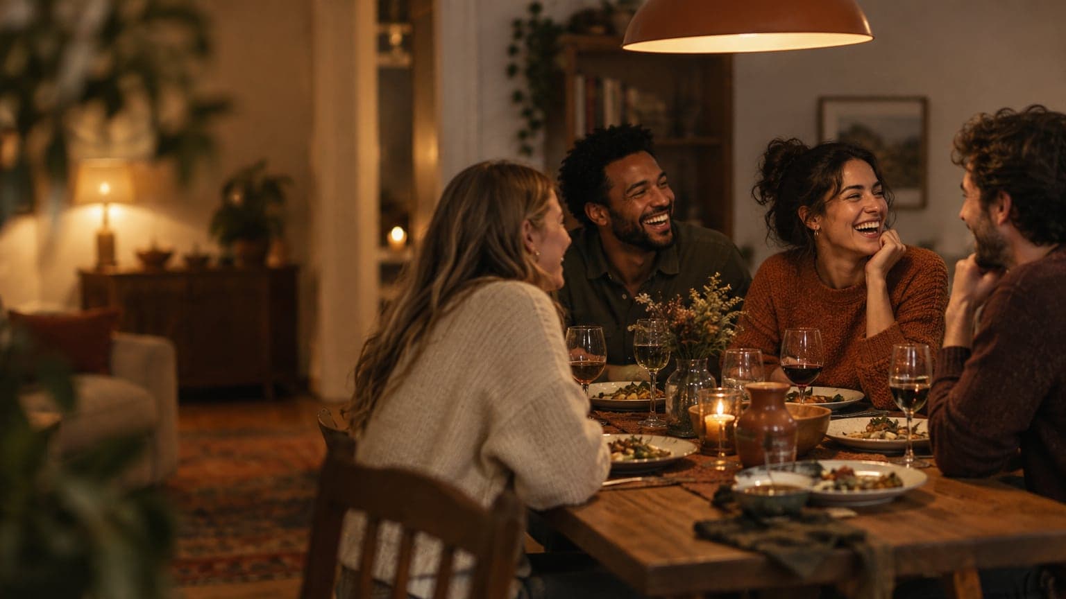 Quatro amigos rindo em volta de uma mesa de jantar sob uma luz quente, sem nenhum celular na mesa