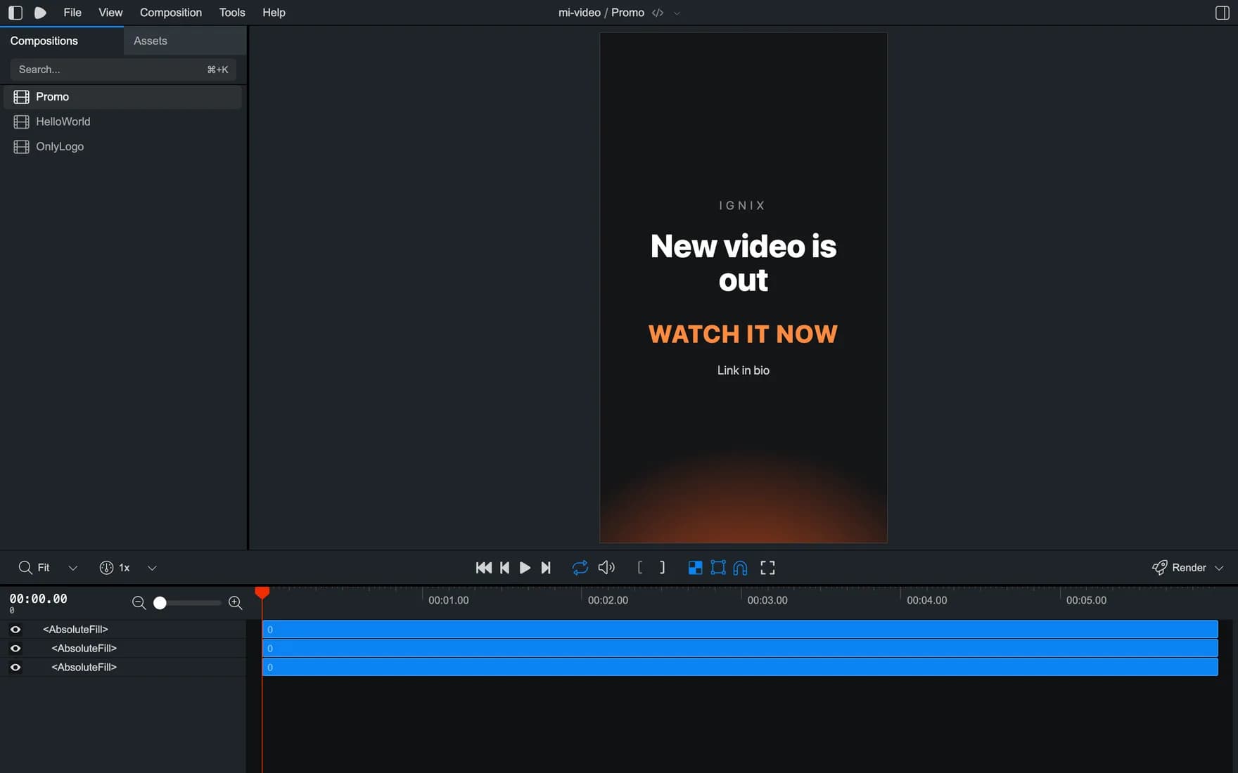 The Remotion Studio open in a browser: the list of videos on the left, a vertical 9:16 frame in the middle reading “New video is out / WATCH IT NOW / Link in bio”, and the layers along the bottom.
