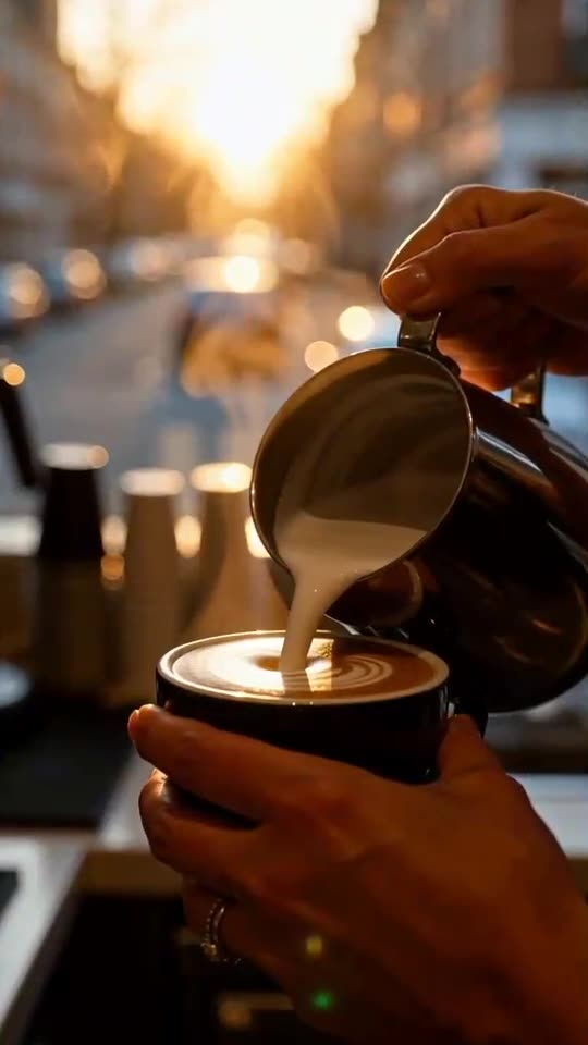 Un barista dessine un latte art au lever du soleil dans un café de quartier, généré à partir d’une phrase