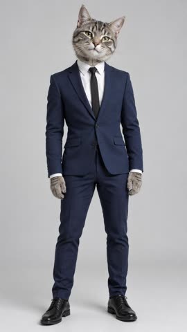 Un chat tigré gris inventé, debout, en costume bleu marine et cravate
