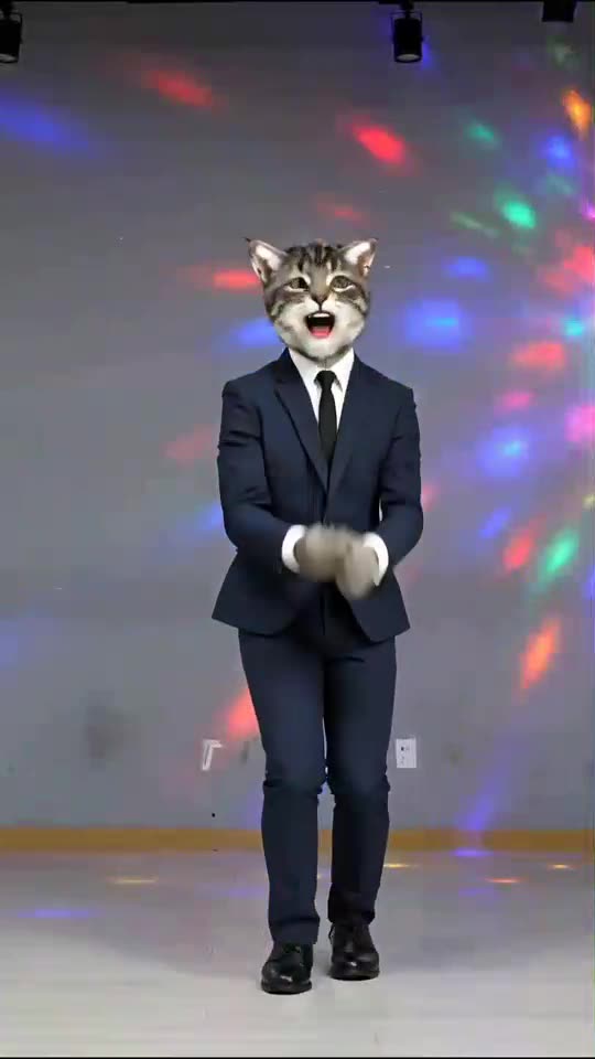 Un chat tigré gris en costume bleu marine reprend la danse d’un jeune homme, pas pour pas