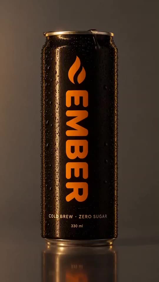 Une canette noire de cold brew EMBER : à gauche, la photo du produit ; à droite, la vidéo que Creator en a tirée, baignée de lumière ambrée