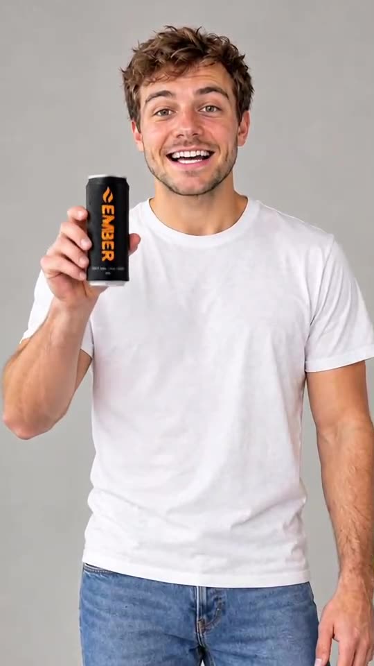 Un jeune homme inventé tient une canette EMBER et parle face caméra (fait avec MiniMax H3)