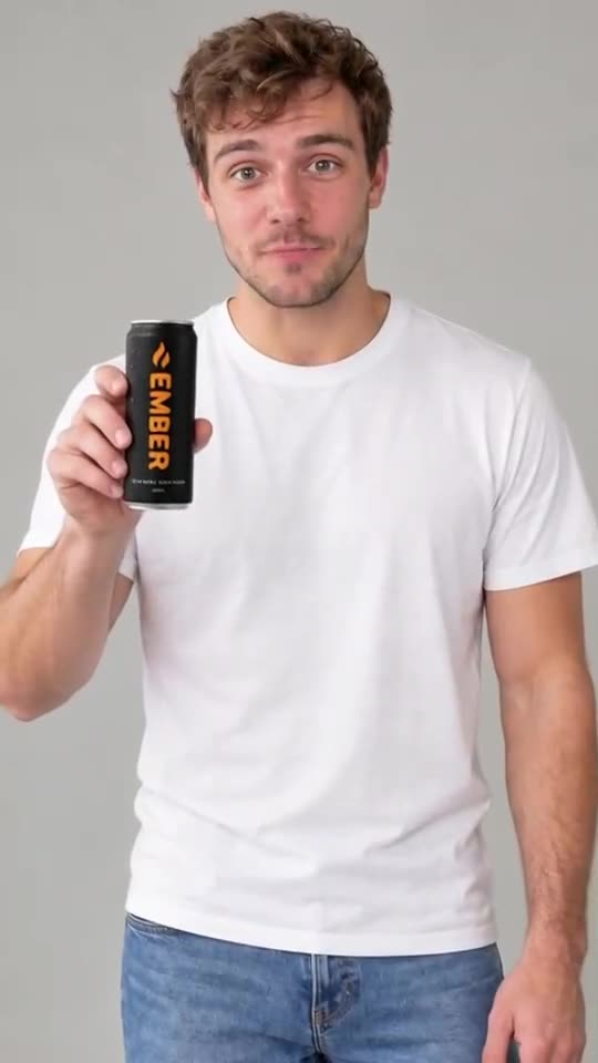 Un jeune homme inventé tient une canette EMBER et parle face caméra (fait avec InfiniteTalk)